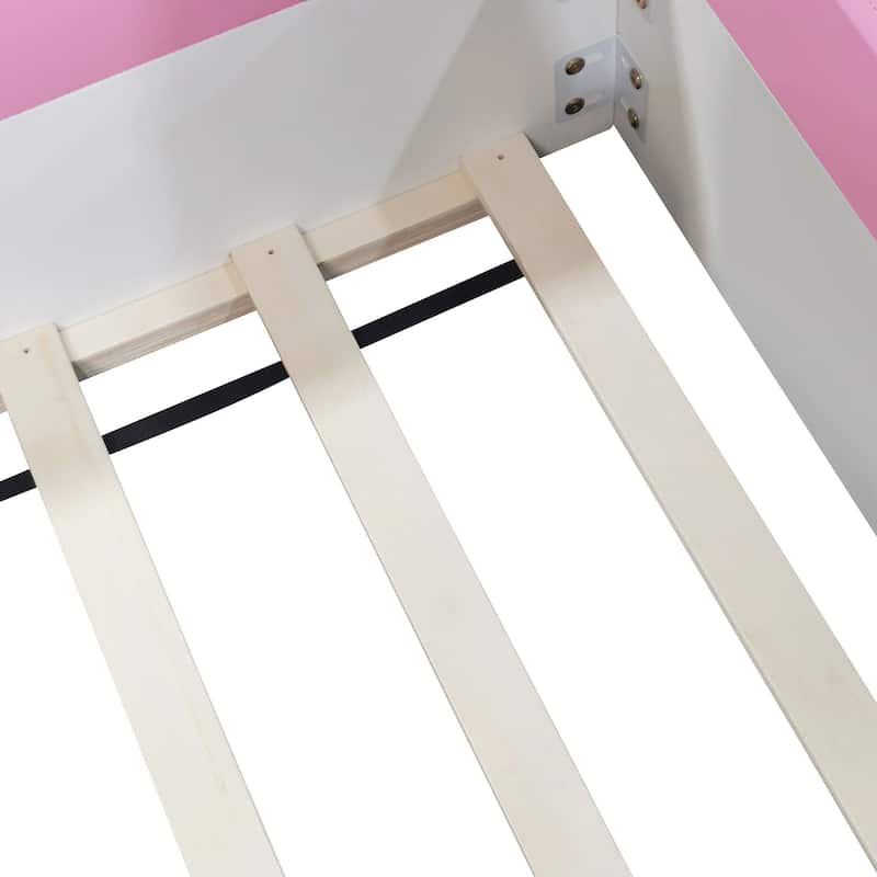 Upholstered Daybed Frame Two-color Grounded Toddler Floor Bed Low Profile Sofa Bed with Fence and Stairs Wood Slat Support Bed