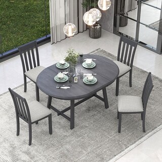 5-Piece Wood Dining Table Set Round Extendable Dining Table with 4 ...