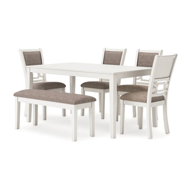 Berg 6pc Dining Table Set, Gray White Wood, 4 Chairs and 1 Bench
