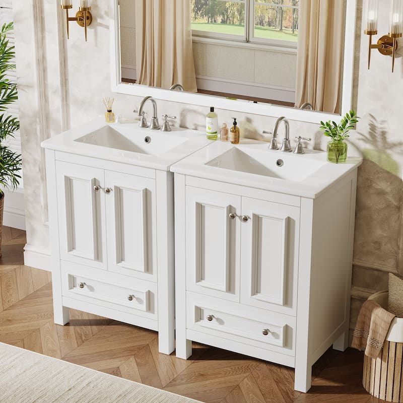 Bathroom Vanity with Sink, Solid Wood Frame Freestanding Vanity with Door Organizer and Drawer