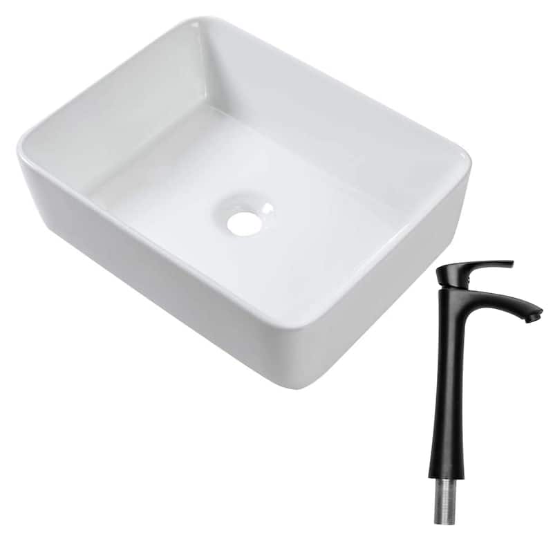 Rectangle Vessel Bathroom Sink and Black Single Lever Faucet Combo - White