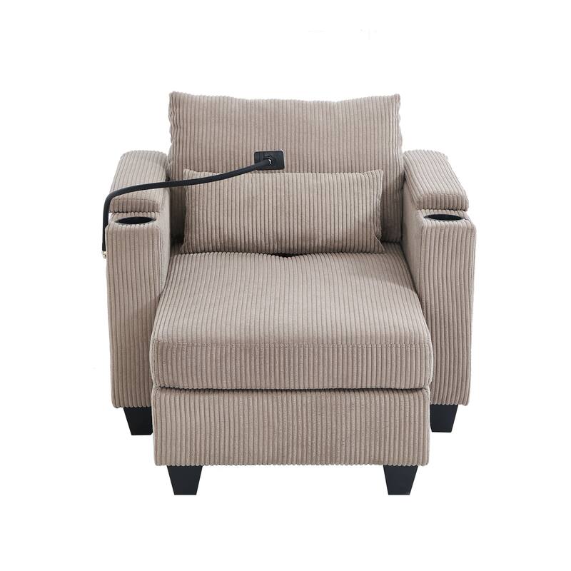 Convertible Chaise Lounge 37.4" Sofa Chair Sofa Bed Corduroy Sleeper Sofa with USB Ports, Two Cup Holders