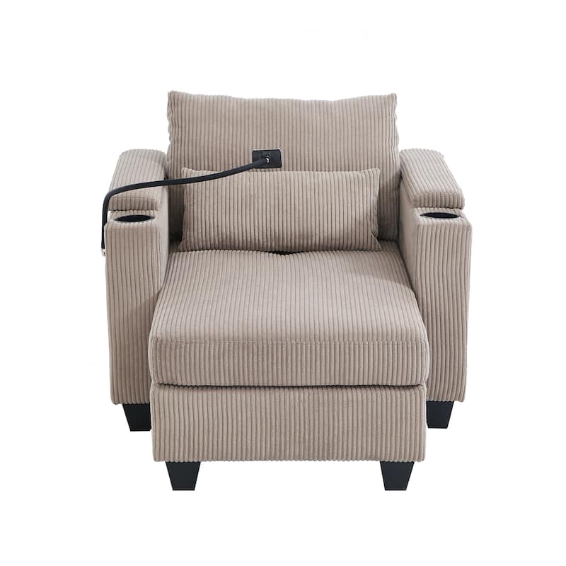Roomfitters Convertible Corduroy Sofa Chair Bed with USB Ports, Cup Holders, Phone Slot and Storage for Living Room