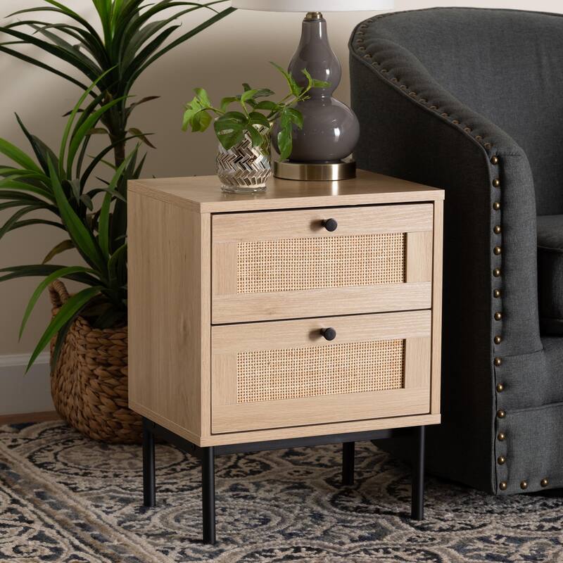 Sherwin Mid-Century Modern Light Brown and Black 2-Drawer End Table with Woven Rattan Accent