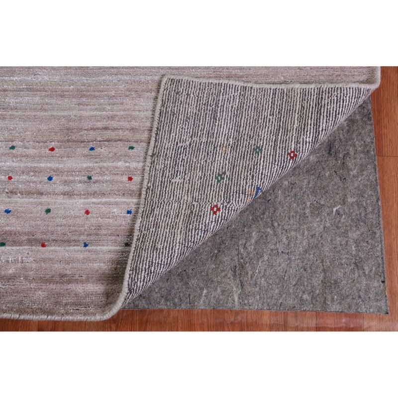 Hand Knotted Oriental Viscose Silk Carpet Tribal Stripe Greys & Charcoal Gabbeh Area Rug - 12' 5'' X 9' 3''