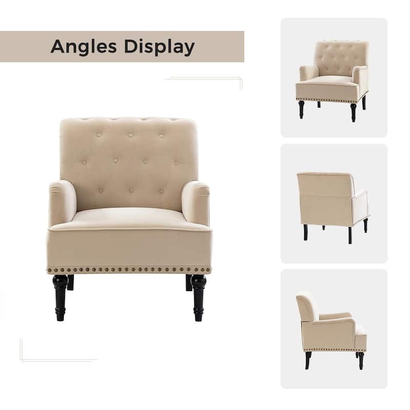 Geltrude Transitional Upholstered Button Tufted Club Chair with turned wooden Legs by HULALA HOME
