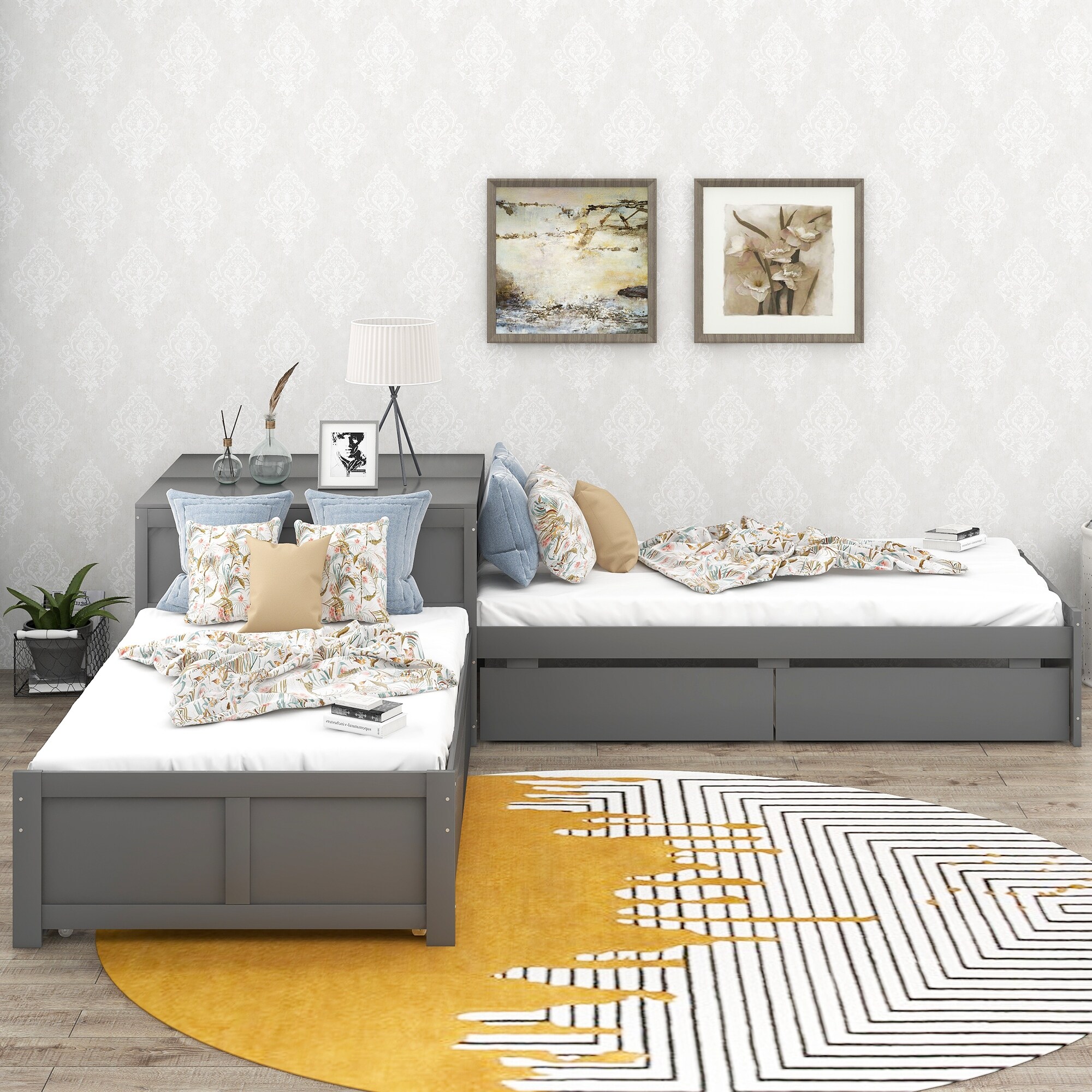 L shaped twin beds with corner sale table