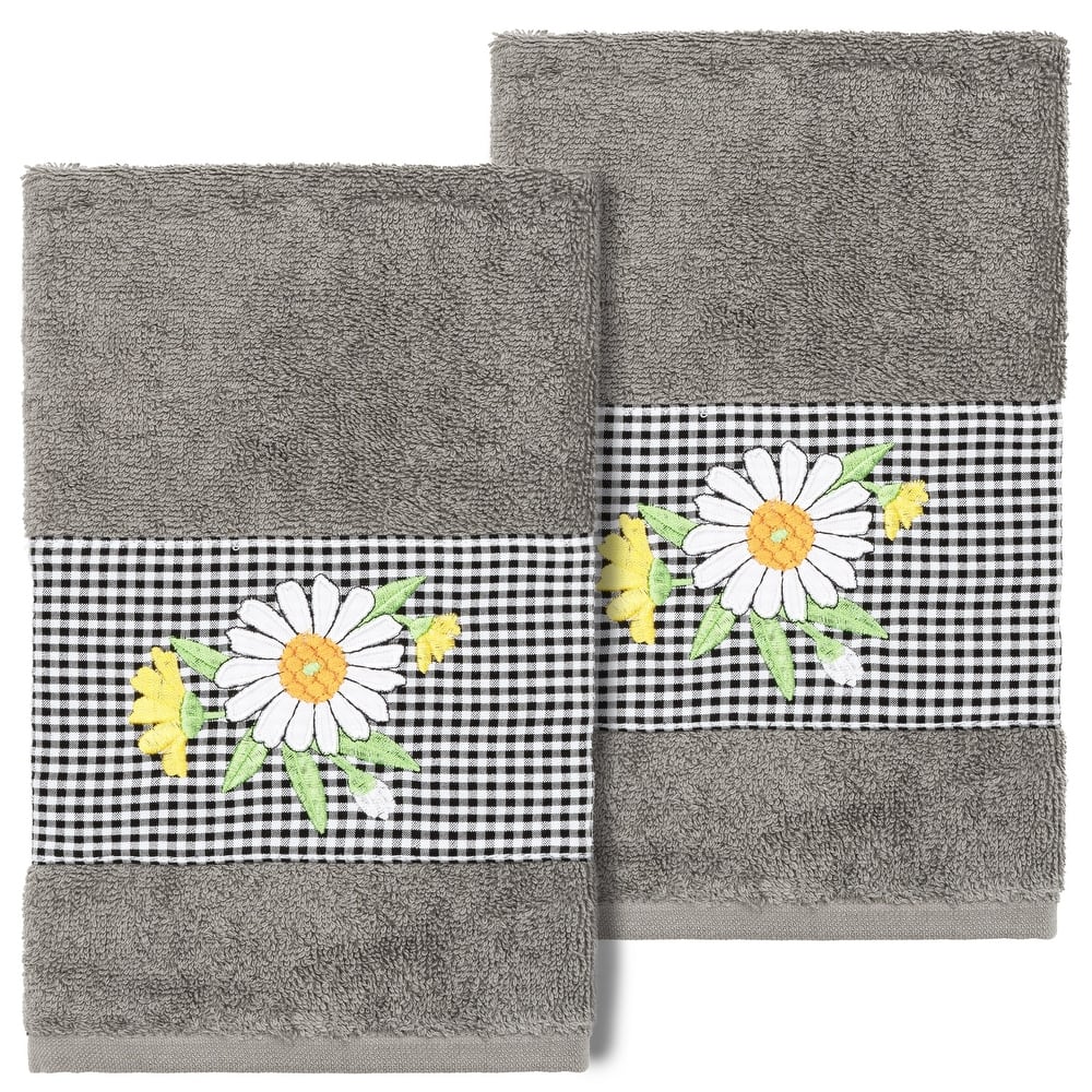 Authentic Hotel and Spa 100% Turkish Cotton Daisy 2PC Embellished Hand Towel Set