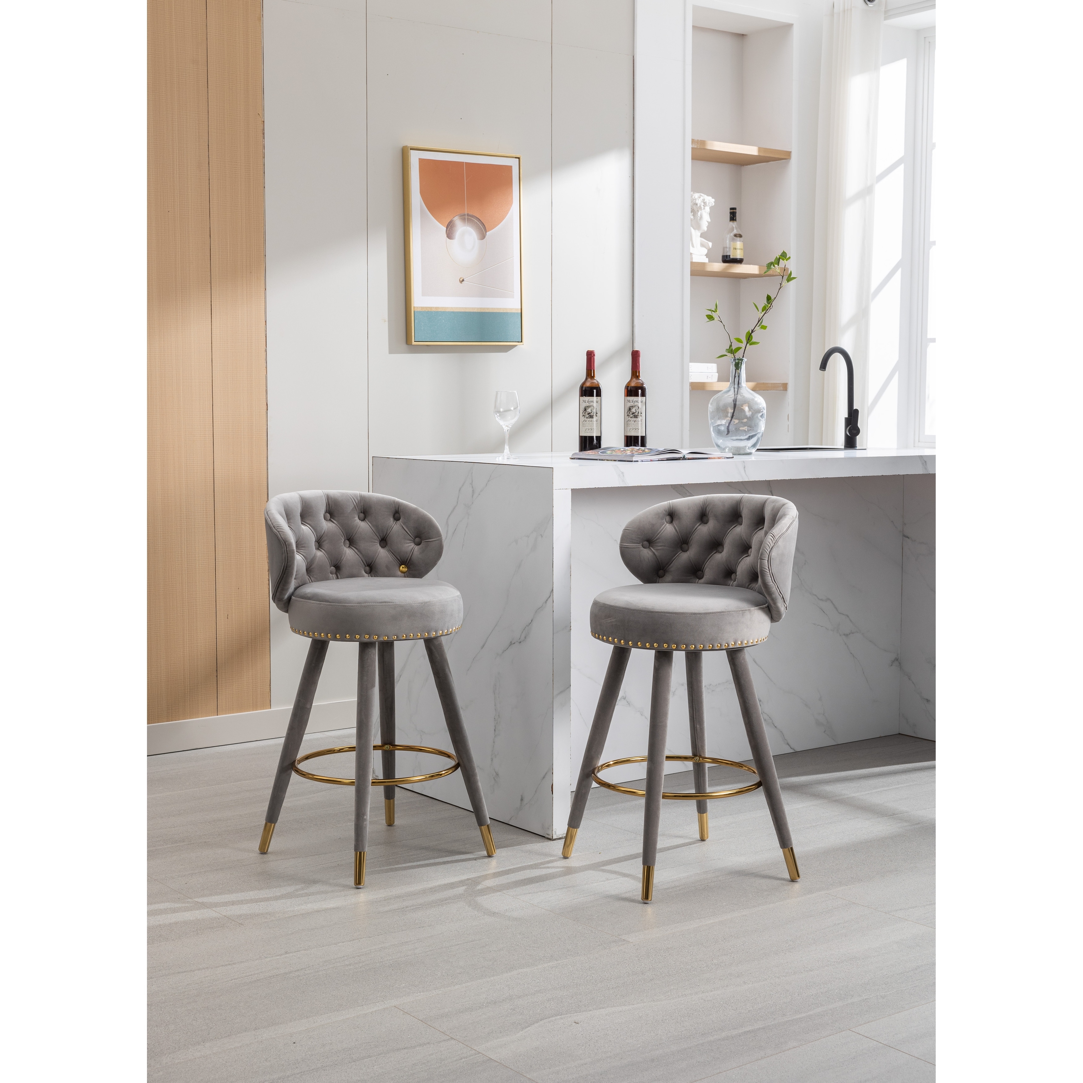 Grey velvet store counter height chairs