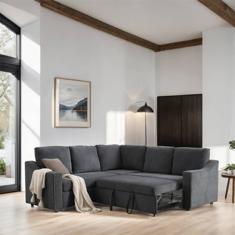 L Shaped Chenille Fabric Pull-out Sofa Bed, Corner Sofa with Pillows