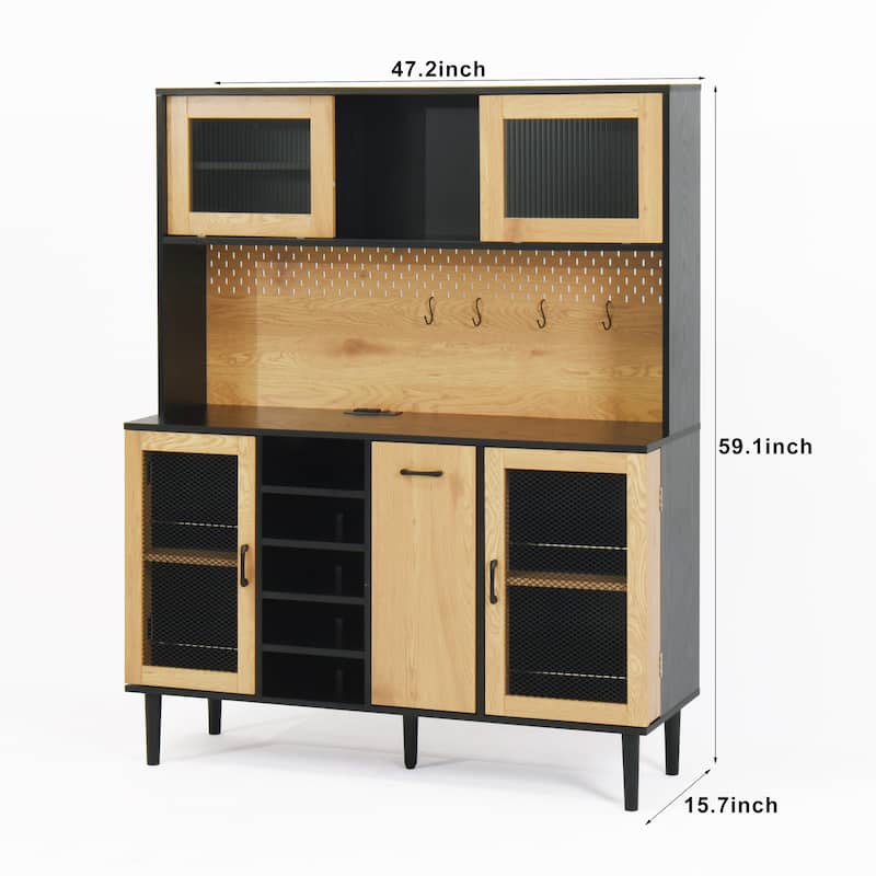 59" H Buffet Sideboard Cabinet with Storage Door & Power Outlet, Farmhouse Coffee Bar Cabinet with Wine Rack, Kitchen Pantry