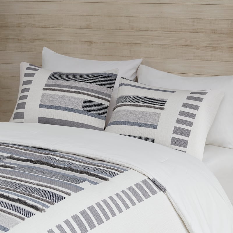 INK+IVY Serena 3 Piece Cotton Printed Comforter Set w/trims Navy