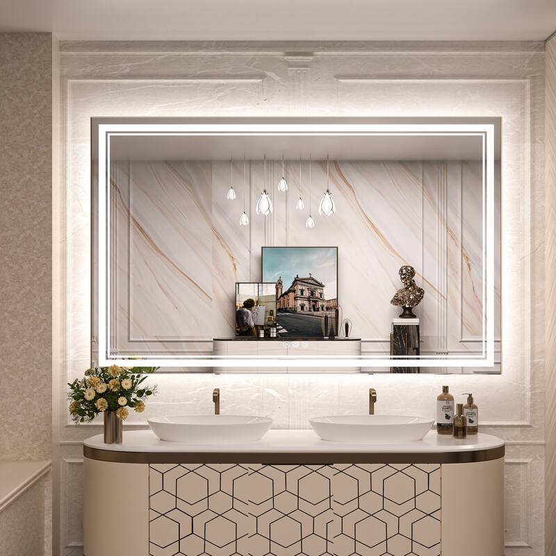 Keonjinn LED Front Light and Backlit Bathroom Vanity Wall Mirror, 3 Color Temperatures, Anti-fog