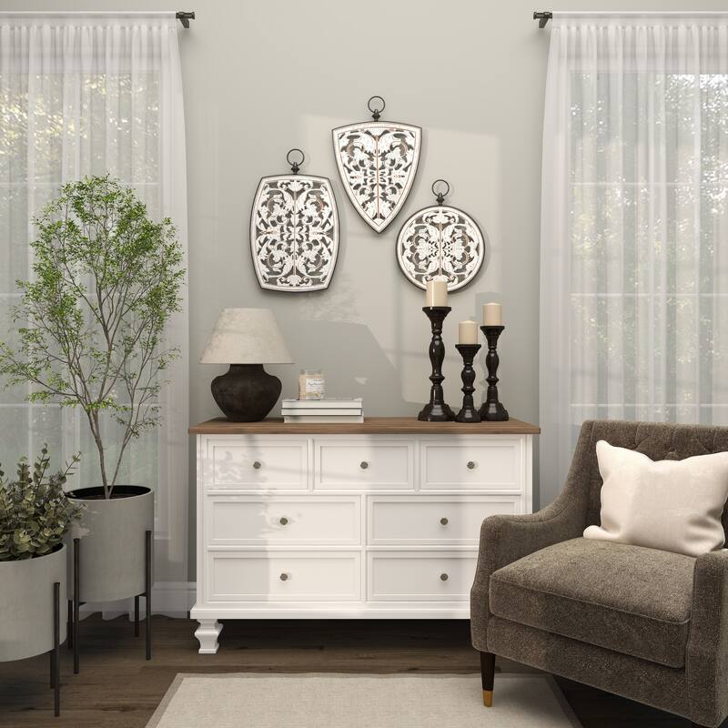 White Wooden Carved Design Floral Home Wall Decor with Ring Hanger (Set of 3)