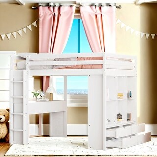 Eye-Catching Design Full Size Loft Bed with Large Shelves, Writing Desk and Led Light