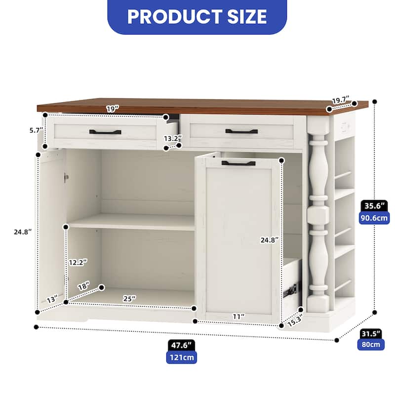 Mobile Kitchen Island with Drop Leaf Table Power Outlet and Pull-Out Trash Can for Space-Saving Storage