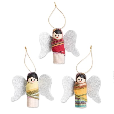 Novica Handmade Worry-Free Christmas Wood And Cotton Ornaments (Set Of 3)