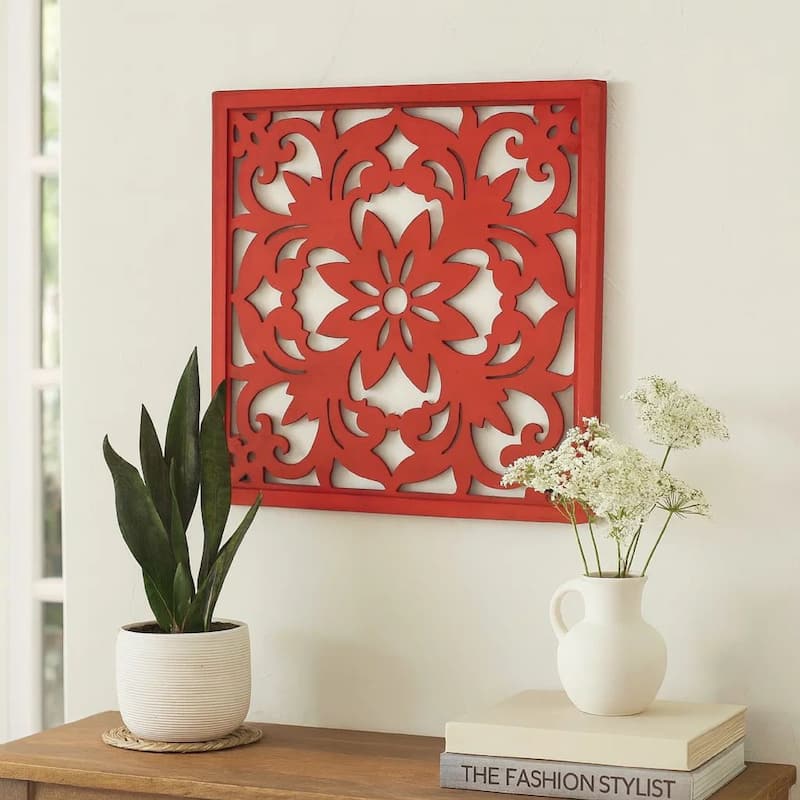 Set of 2 Square Wooden Floral Wall Plaque, Red