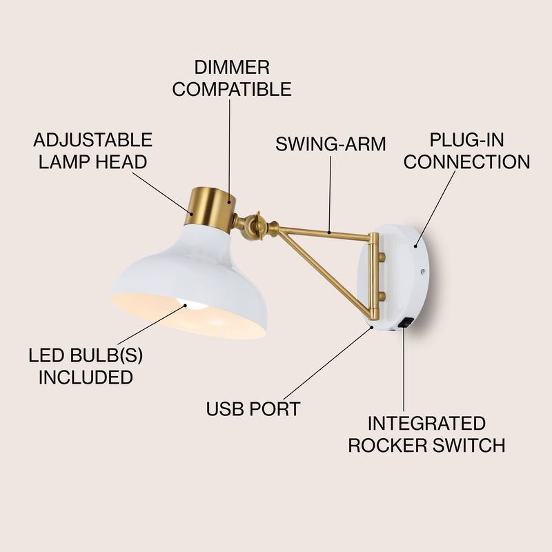 Lisa Swing Arm 1-Light Modern Midcentury Iron USB Charging Port LED Sconce, by JONATHAN Y