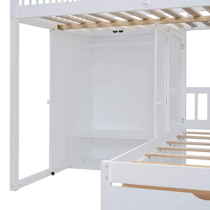 Full Over Twin Bunk Bed with Wardrobe, Drawers, White