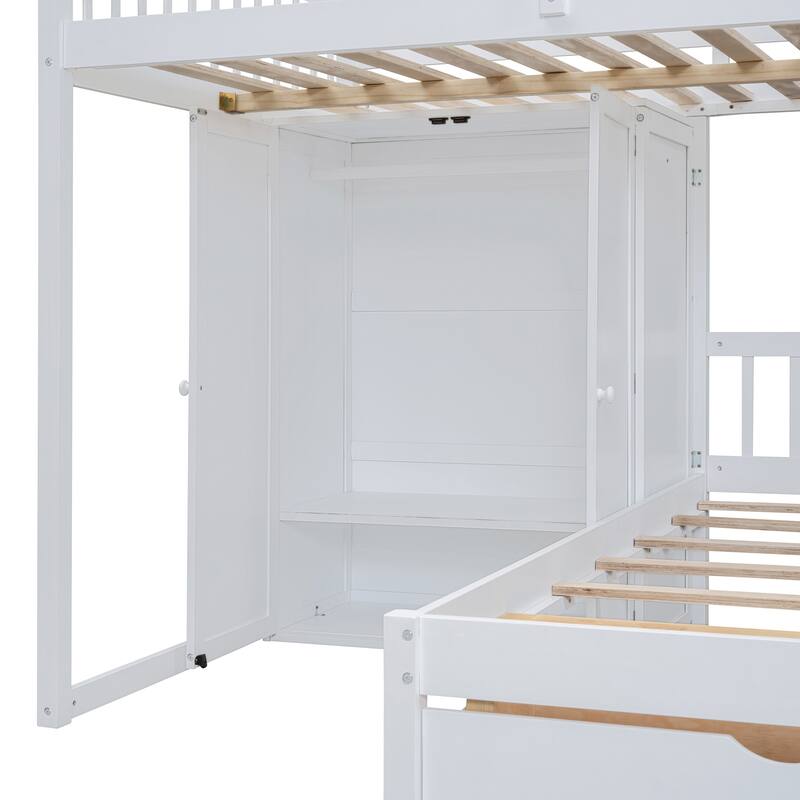 White Full Over Twin Bunk Bed with Wardrobe and Drawers, Space-Saving Design