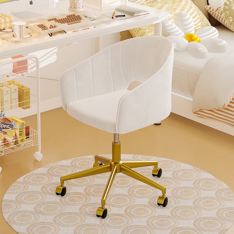 VECELO Multipurpose White 360° Swivel Office Chair Height Adjustable Gold Base Sturdy Task Chair for Home Office Salon