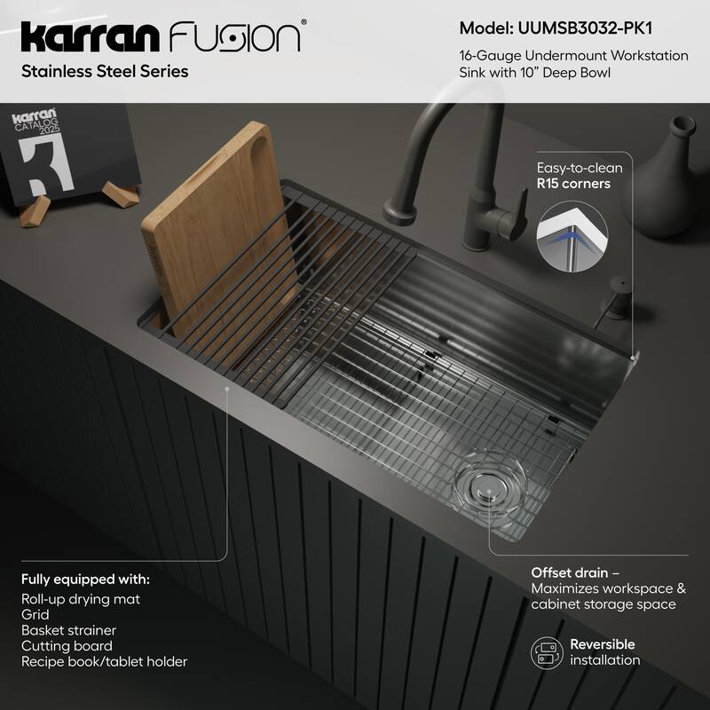 Karran Fusion Undermount 30-in x 18-in Stainless Steel Single Bowl Workstation Kitchen Sink