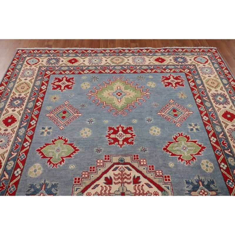Light Blue Kazak Area Rug Living Room Hand-Knotted Wool Carpet - 6'8" x 9'9"