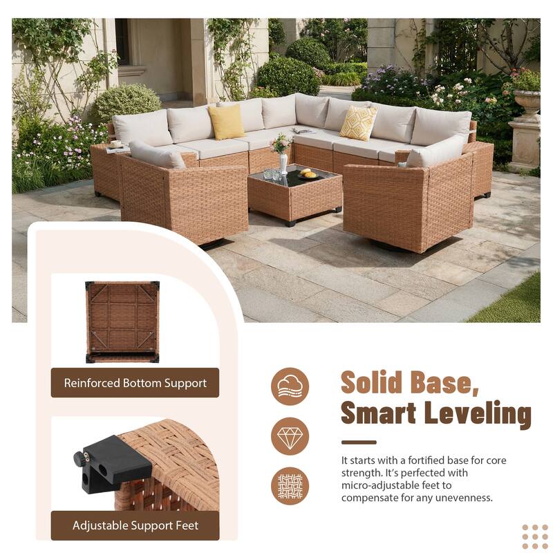 Outdoor Conversation Set L-Shaped Corner Sectional Sofa 10-Piece with Swivel Chair and Coffee Table PE Wicker Rattan