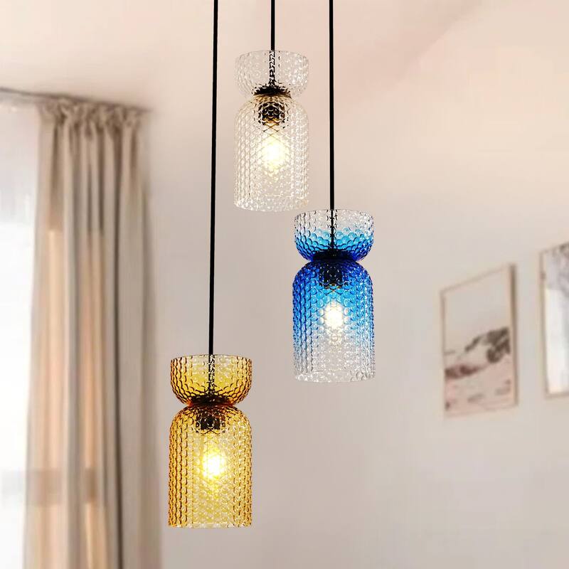 1/3-Light Modern Glam Bell-Shaped Adjustable Island Pendant Light with Clear/Blue/Amber Textured Glass - Blue/Clear/Brown