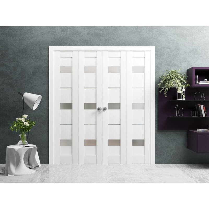 SartoDoors Quadro 4055 | Closet Door Bi-fold Door | Solid Wood w/ Glass | Hardware Set | 72x80, White Silk