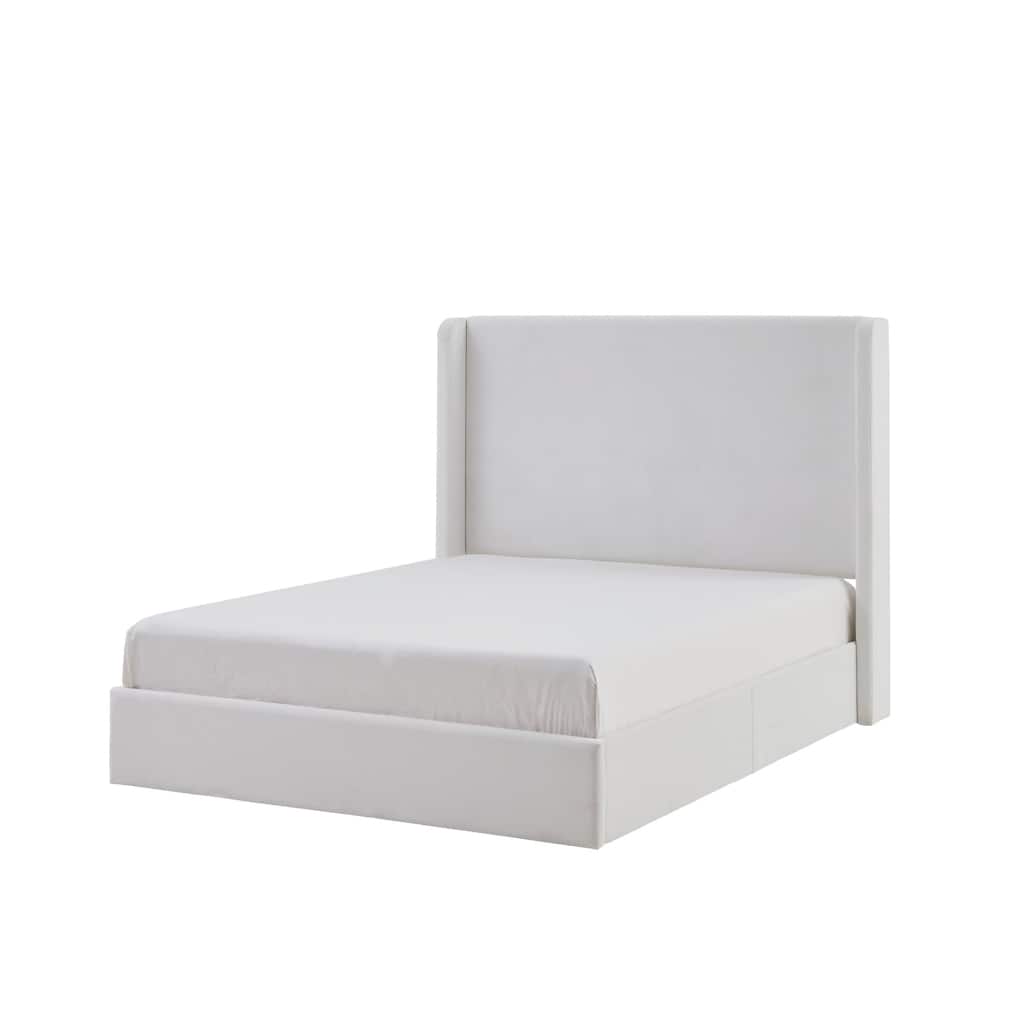 Cery King Size Bed with High Wingback Headboard, White Velvet Upholstery