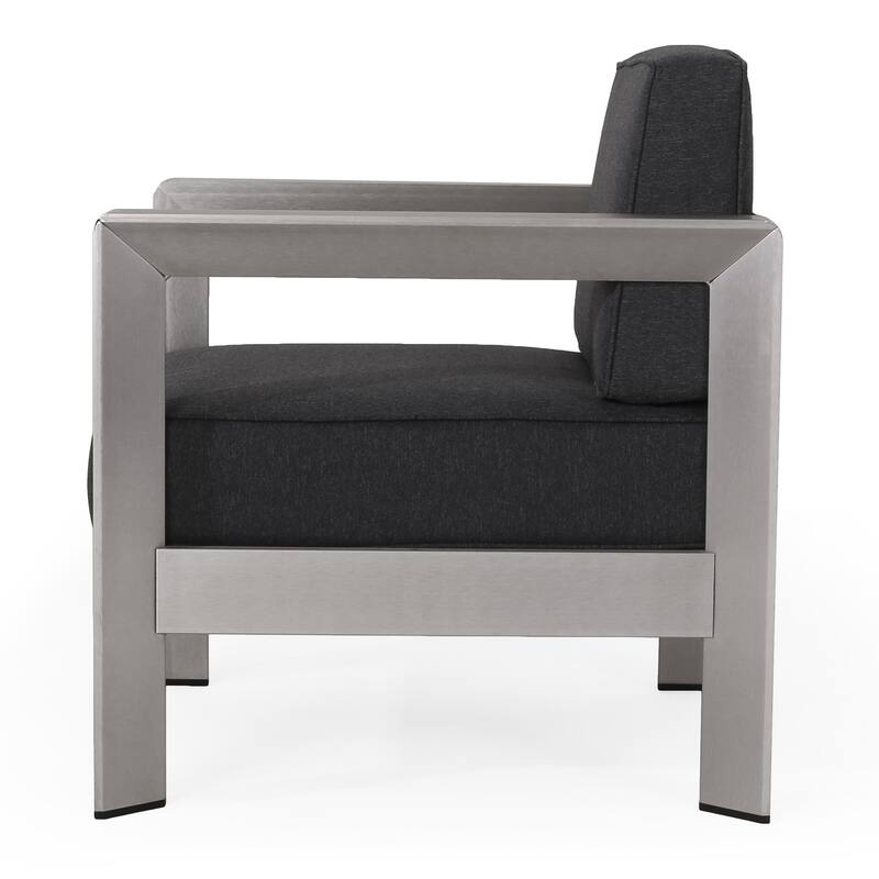 Kisa Accent Chair, Black Fabric Soft Cushions, Outdoor Silver Aluminium