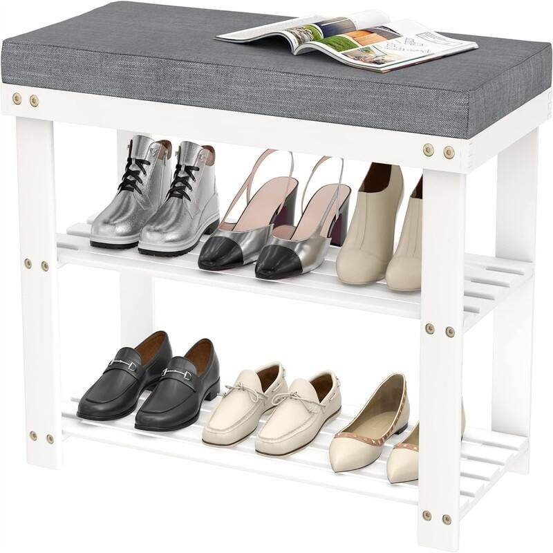 Shoe Rack for Entryway Bamboo Shoe Bench Seat with Cushion - 11.8"D x 28"W x 17.7"H - White