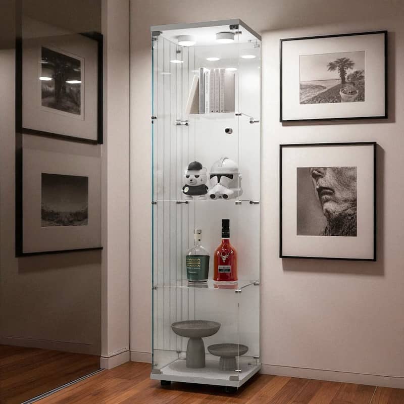 Tempered Glass Display Cabinet with Remote Control LED Lights, Lockable Storage Shelves and Adjustable Feet