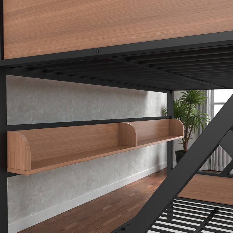 Metal Bunk Bed with Storage Shelves and LED Lights, Space Saving Noise Free Bunk Bed Frame with Guardrails