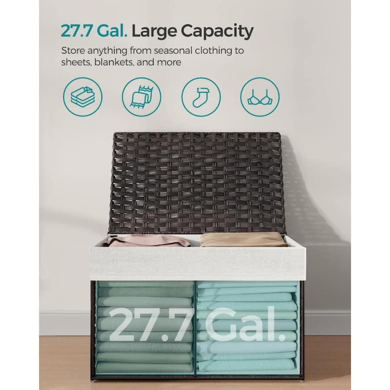 Portable Wicker Basket with Lid Waterproof Foldable Laundry Hamper with Washable Liner and Cut-Out Handles