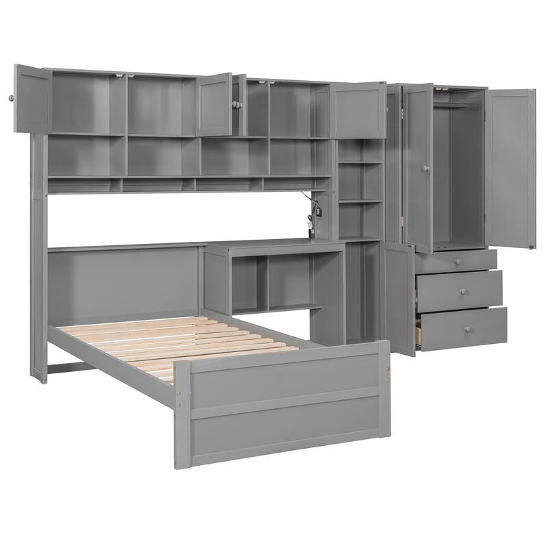 Twin Size Murphy Bed Cabinet Foldable Wall Bed Frame with Storage Wardrobes, Desk & Shelves, Wooden Hidden Platform Bed Chest