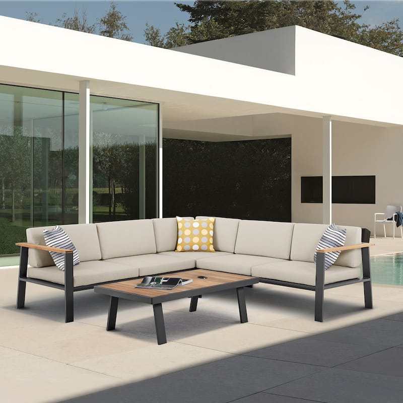 Nofi Mid-Century Teak Wood and Aluminum Outdoor Patio Sectional Set - Beige