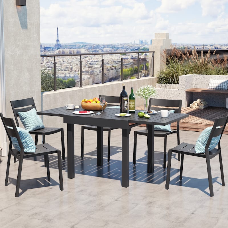Outdoor Aluminum Expandable Patio Dining Table Adjustable Extension Leaf for 6-10 Person - Black - 63 inches long