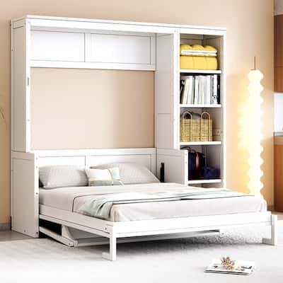 Full/Queen Size Murphy Bed with Built-in Desk, Wall Bed Folding Bed Frame with 5-Tier Side Bookshelf