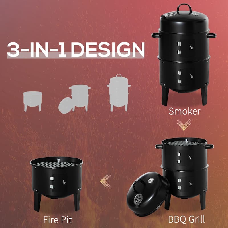 Outsunny Vertical Charcoal BBQ Smoker, 3-in-1 16" Round Charcoal Barbecue Grill with 2 Cooking Area Thermometer