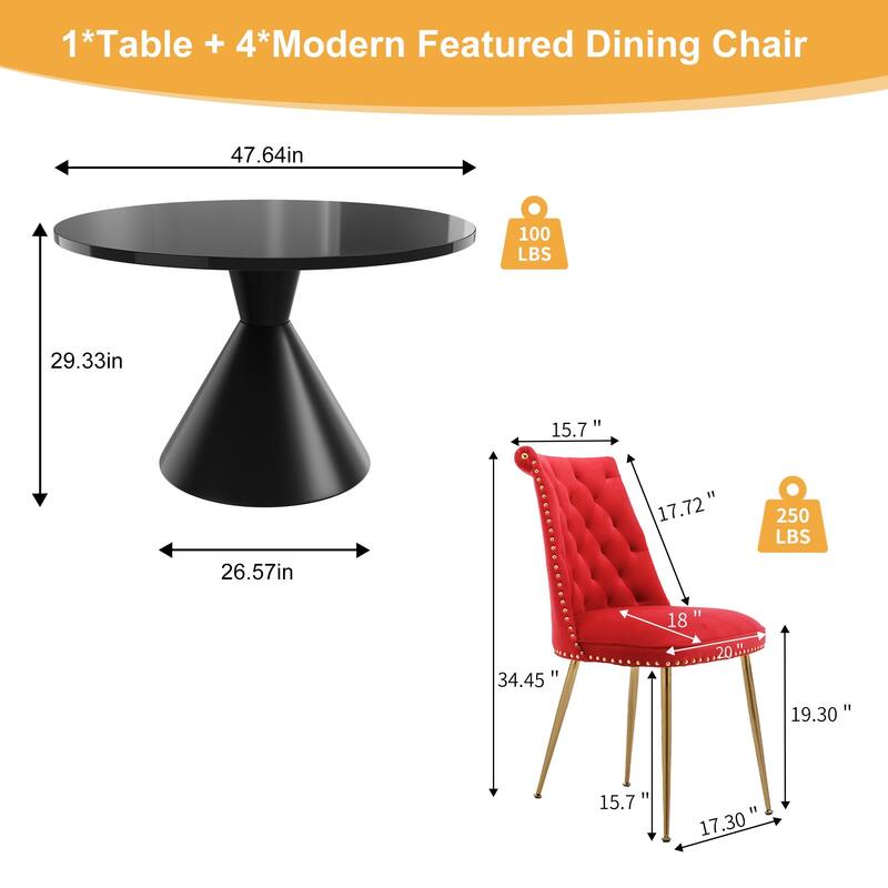 48" Light Luxury Black High Gloss Large Countertop Dining Table with Velvet Dining Chair Set