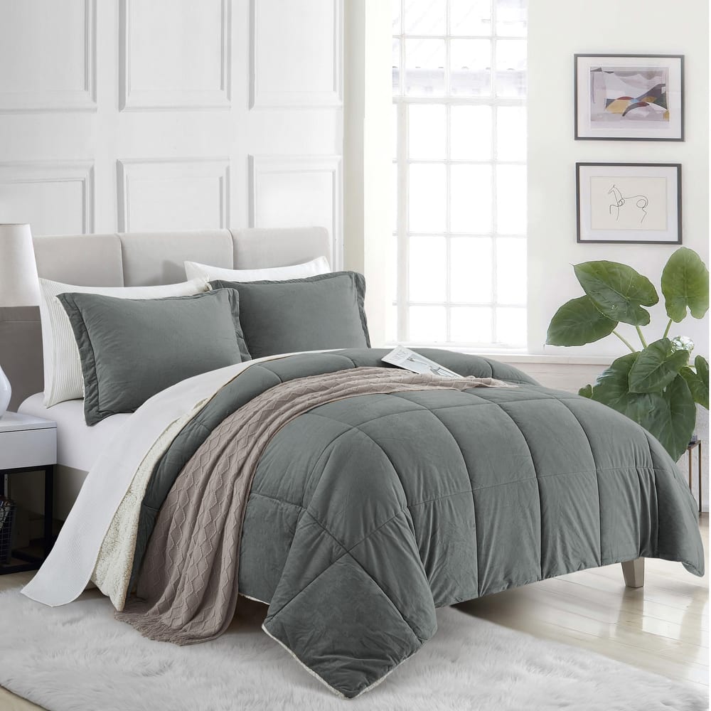 3PC Reversible Sherpa Down Alternative Comforter Set with Solid Color