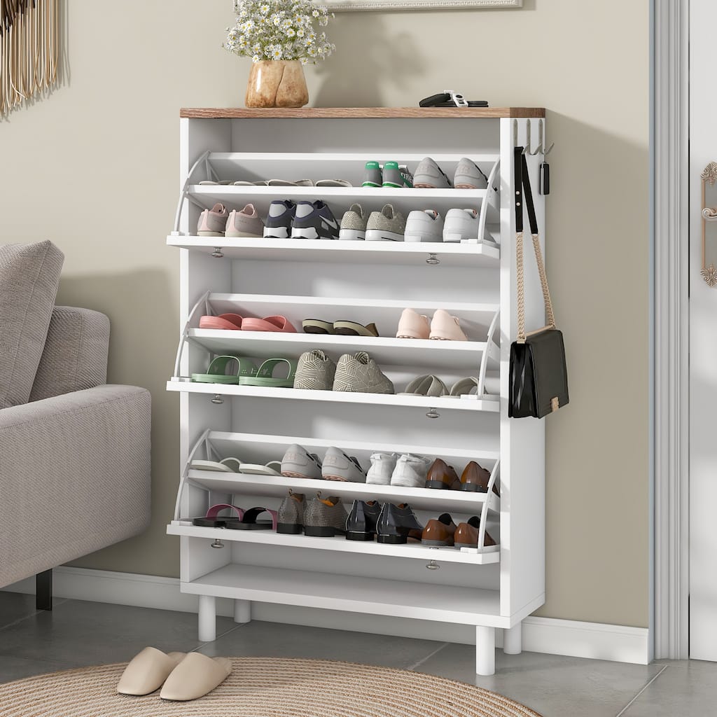 Sleek Narrow Shoe Cabinet with Adjustable Shelves & 3 Flip Drawers, Wood Grain Finish for Entryway Storage
