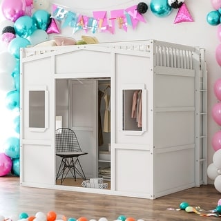 Full Size House Loft Bed With Ladder and Wardrobe
