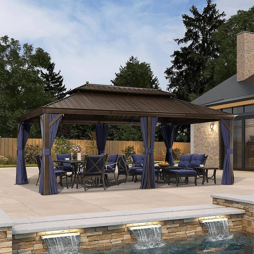 PURPLE LEAF Hardtop Aluminum Gazebo with Curtains and Netting, Double Roof Patio Gazebo