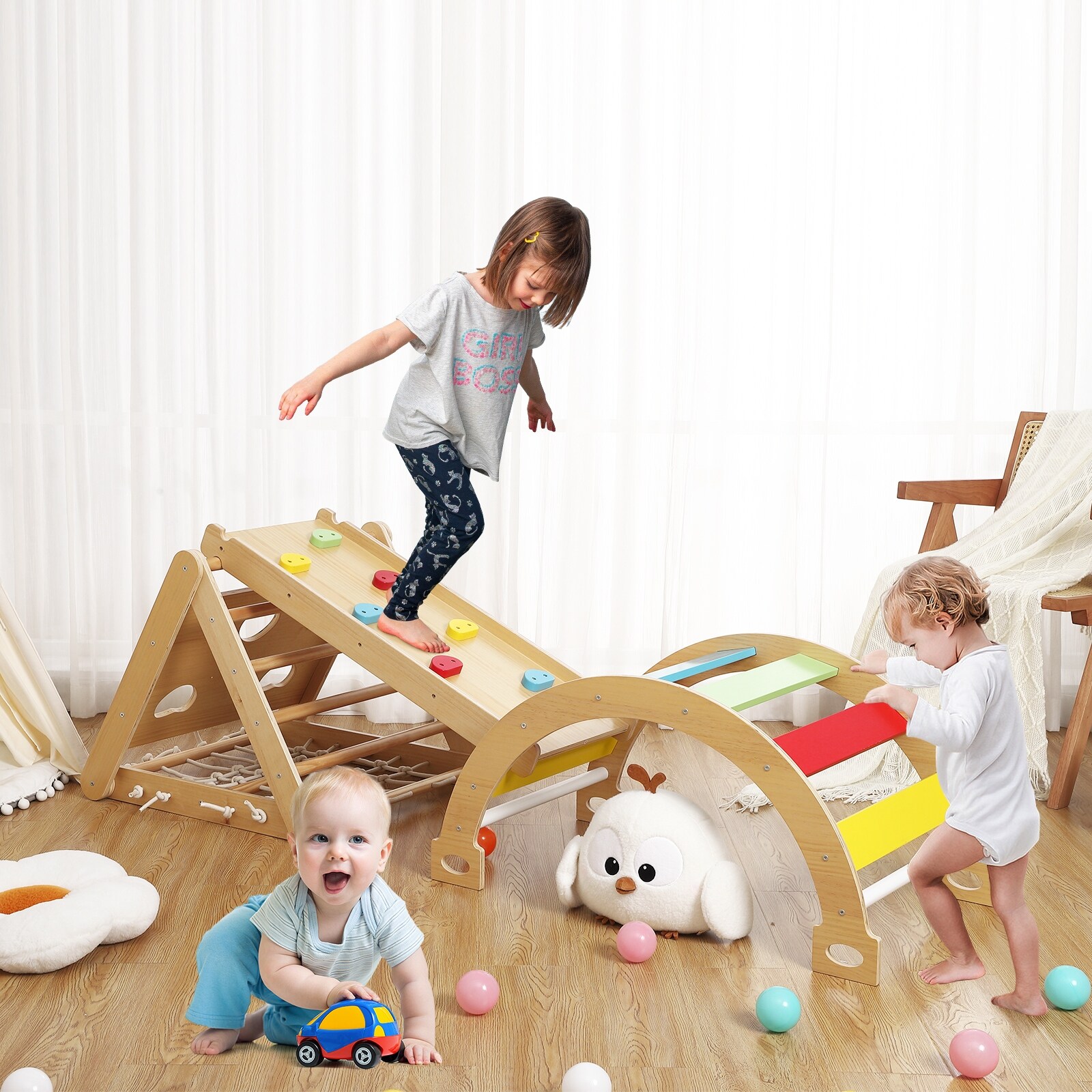 GIMMYFIVE 3 in 1 Wooden Climbing Toys,Kids Indoor Gym Playset, 3