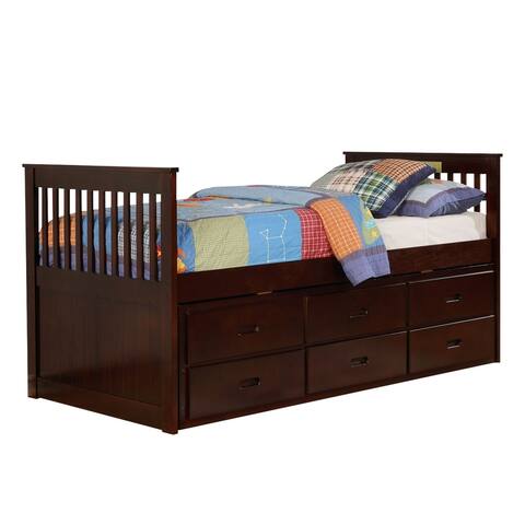 Mission Style Wooden Twin Captain Bed with Trundle and 3 Drawers, Brown