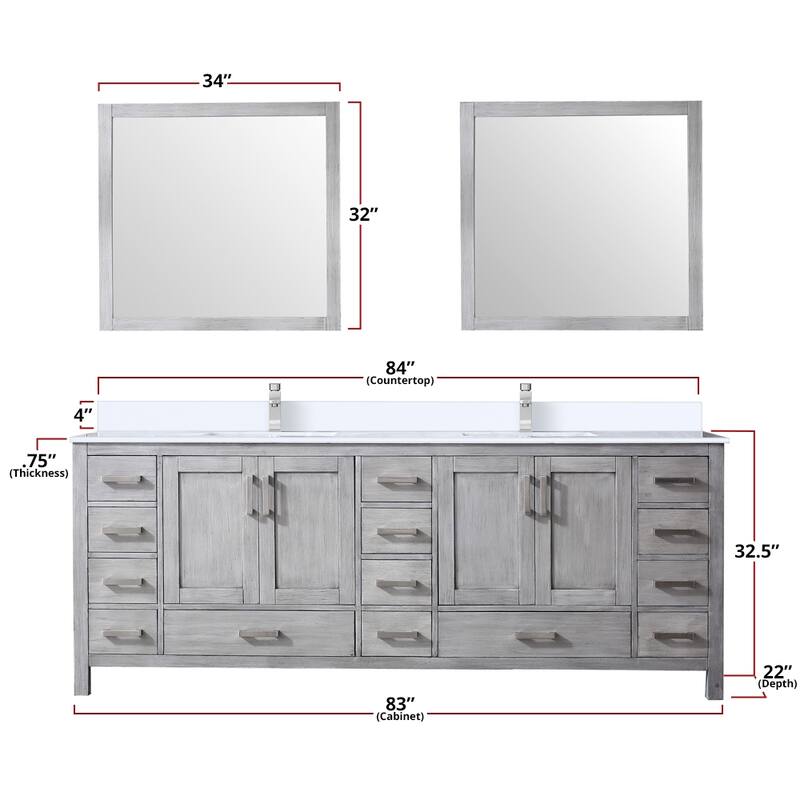 Jacques 84 in. W x 22 in. D Distressed Grey Double Bath Vanity, White Quartz Top, and 34 in. Mirrors